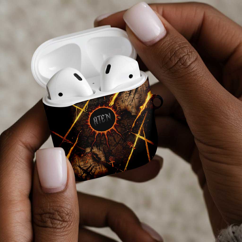 Aten AirPods Case Ancient Egyptian Cracked Stone Hieroglyph, Solar Eclipse Emblem, and Radiant Sunburst - African Pride