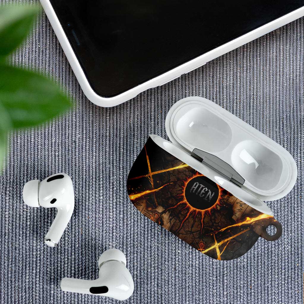 Aten AirPods Case Ancient Egyptian Cracked Stone Hieroglyph, Solar Eclipse Emblem, and Radiant Sunburst - African Pride