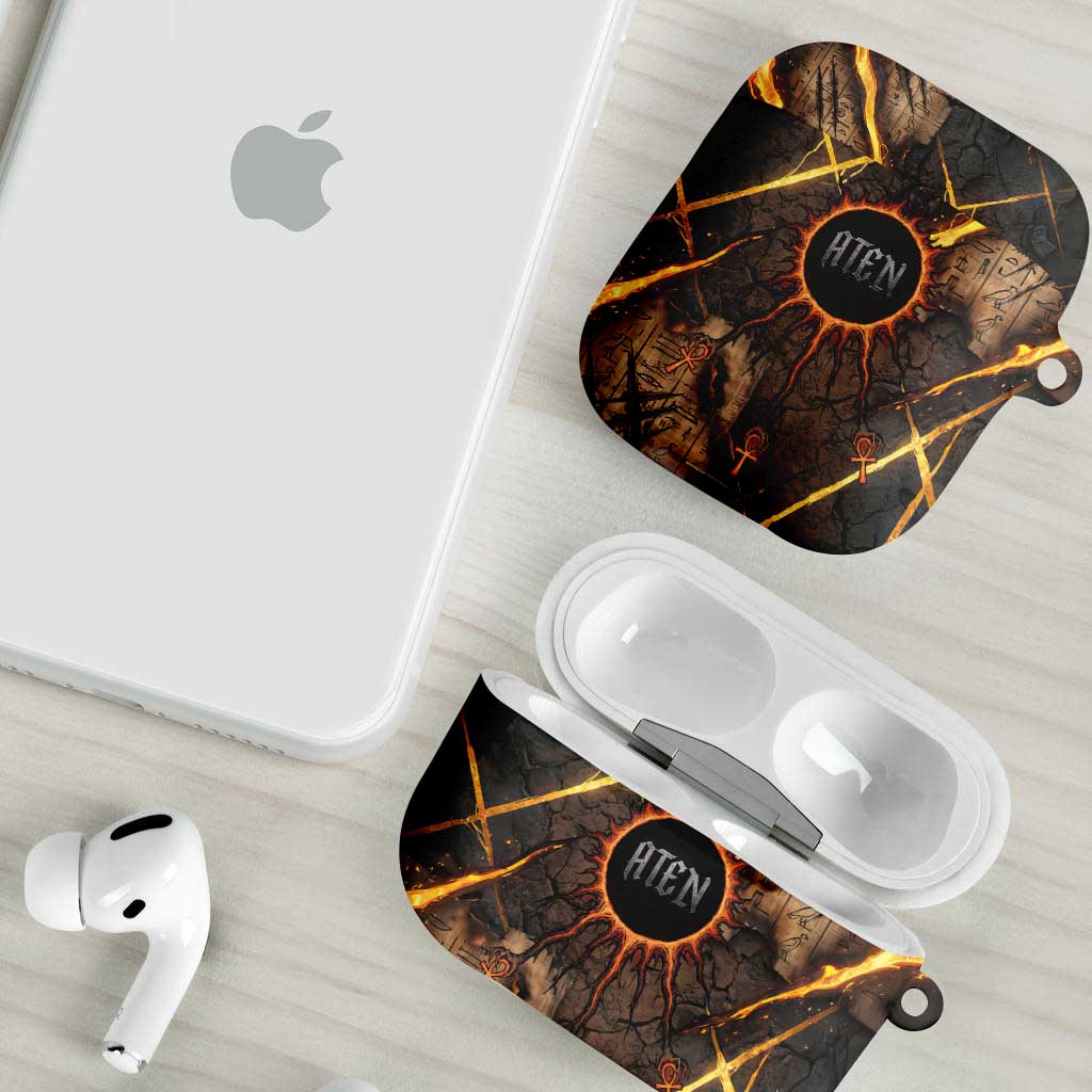 Aten AirPods Case Ancient Egyptian Cracked Stone Hieroglyph, Solar Eclipse Emblem, and Radiant Sunburst - African Pride