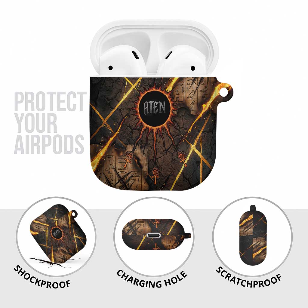 Aten AirPods Case Ancient Egyptian Cracked Stone Hieroglyph, Solar Eclipse Emblem, and Radiant Sunburst - African Pride