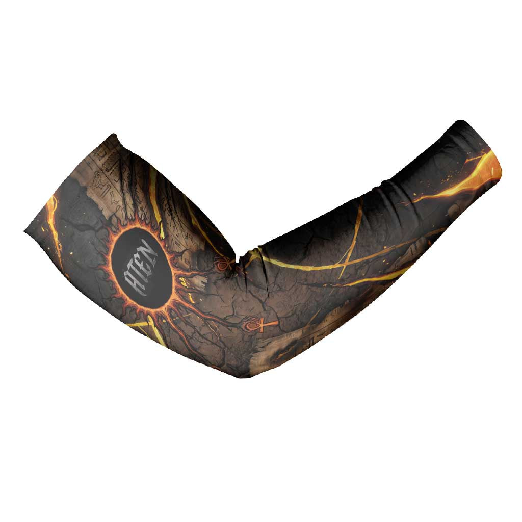 Aten Arm Sleeves Ancient Egyptian Cracked Stone Hieroglyph, Solar Eclipse Emblem, and Radiant Sunburst - African Pride