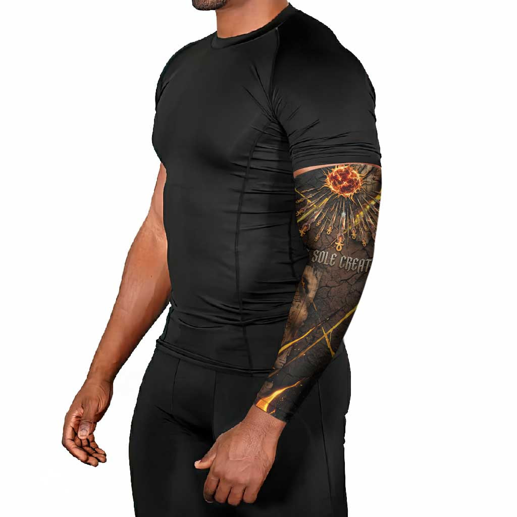 Aten Arm Sleeves Ancient Egyptian Cracked Stone Hieroglyph, Solar Eclipse Emblem, and Radiant Sunburst - African Pride