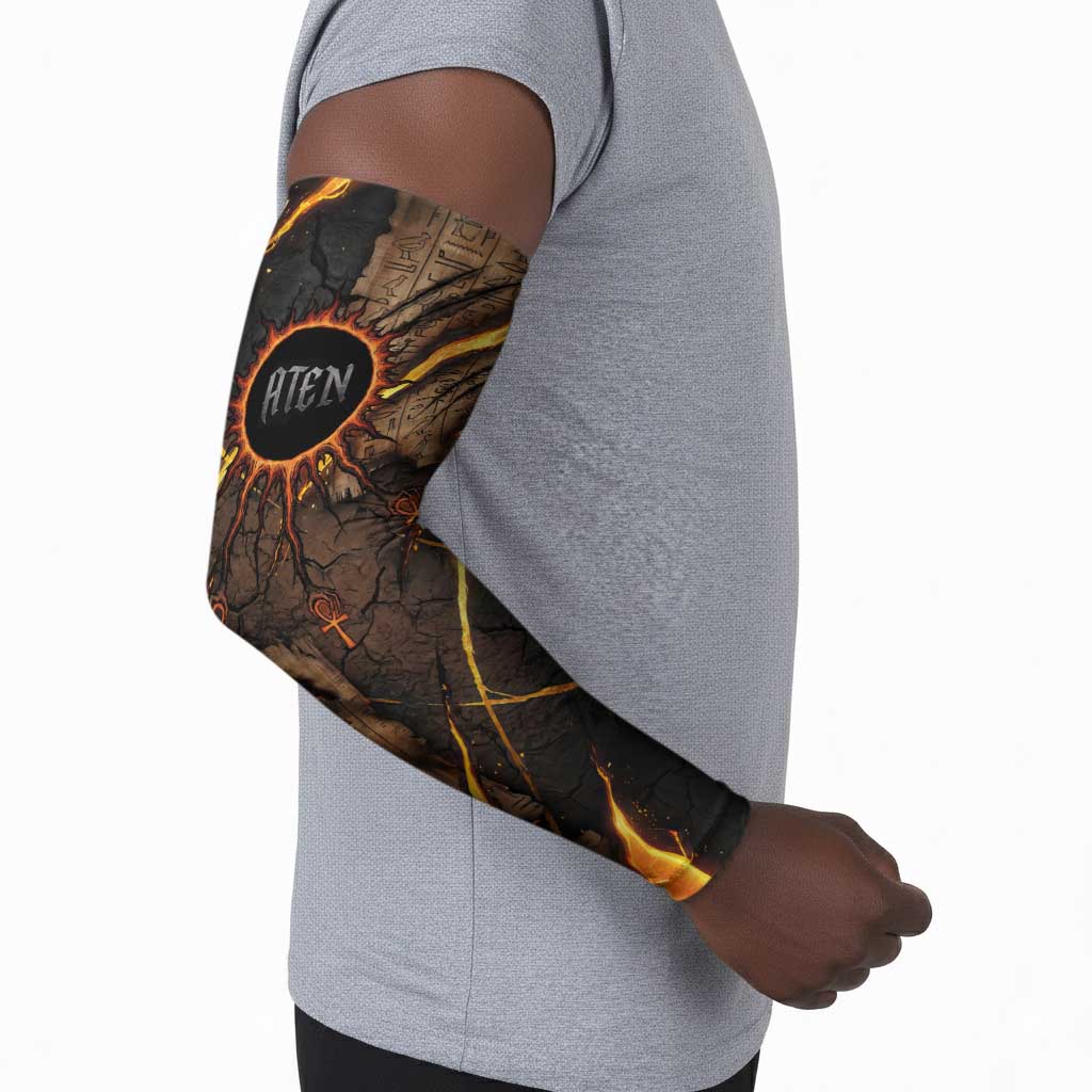 Aten Arm Sleeves Ancient Egyptian Cracked Stone Hieroglyph, Solar Eclipse Emblem, and Radiant Sunburst - African Pride