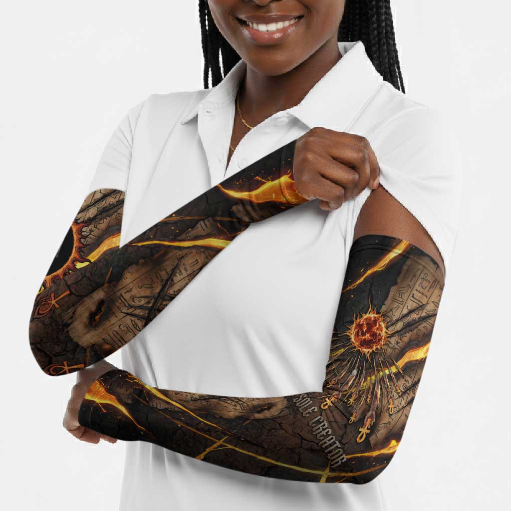 Aten Arm Sleeves Ancient Egyptian Cracked Stone Hieroglyph, Solar Eclipse Emblem, and Radiant Sunburst - African Pride