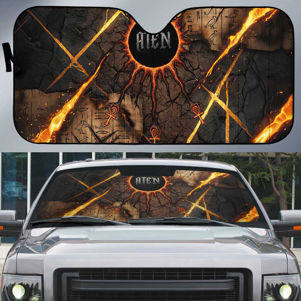 Aten Auto Sun Shade Ancient Egyptian Cracked Stone Hieroglyph, Solar Eclipse Emblem, and Radiant Sunburst - African Pride