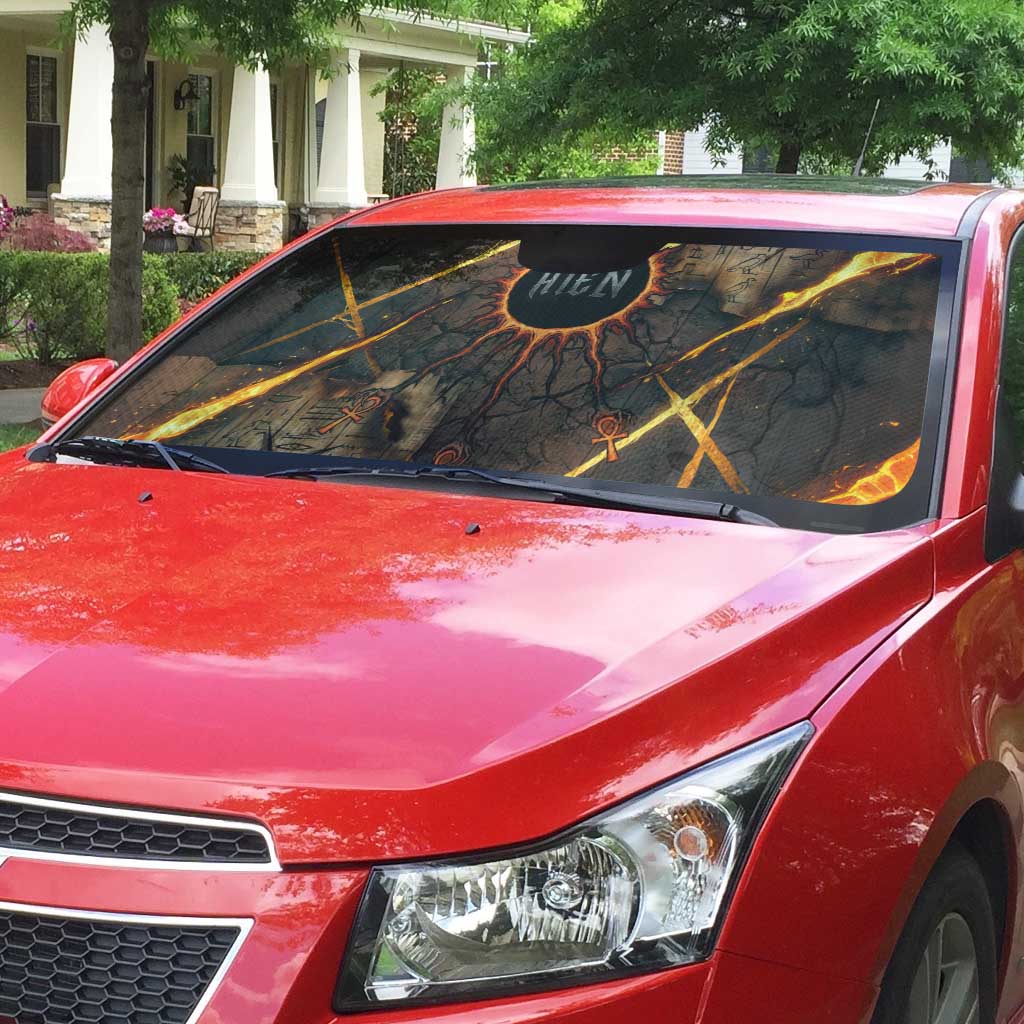 Aten Auto Sun Shade Ancient Egyptian Cracked Stone Hieroglyph, Solar Eclipse Emblem, and Radiant Sunburst - African Pride