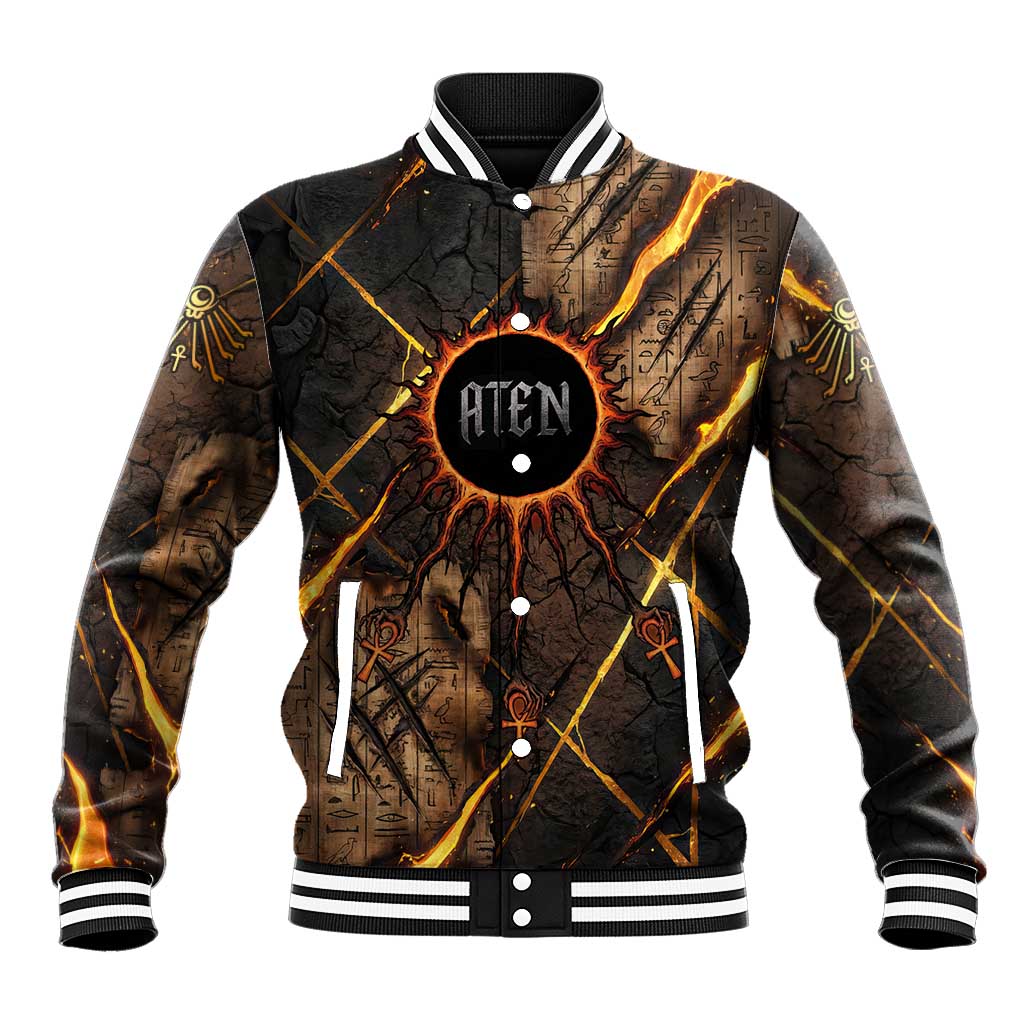 Aten Baseball Jacket Ancient Egyptian Cracked Stone Hieroglyph, Solar Eclipse Emblem, and Radiant Sunburst - African Pride