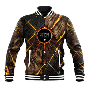 Aten Baseball Jacket Ancient Egyptian Cracked Stone Hieroglyph, Solar Eclipse Emblem, and Radiant Sunburst - African Pride