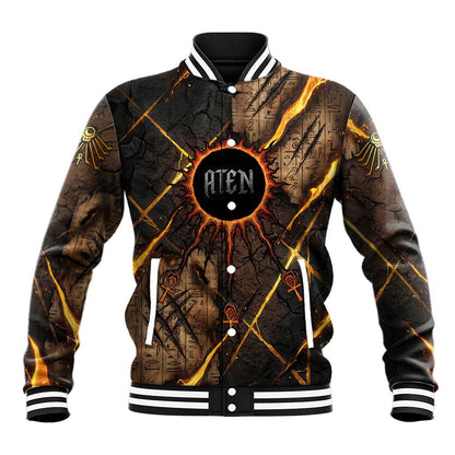 Aten Baseball Jacket Ancient Egyptian Cracked Stone Hieroglyph, Solar Eclipse Emblem, and Radiant Sunburst - African Pride