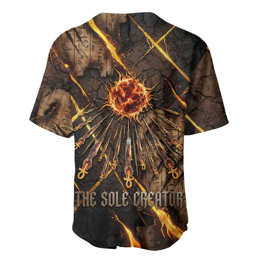 Aten Baseball Jersey Ancient Egyptian Cracked Stone Hieroglyph, Solar Eclipse Emblem, and Radiant Sunburst - African Pride