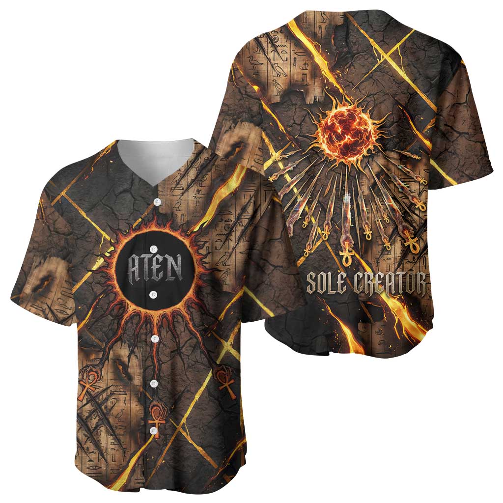 Aten Baseball Jersey Ancient Egyptian Cracked Stone Hieroglyph, Solar Eclipse Emblem, and Radiant Sunburst - African Pride