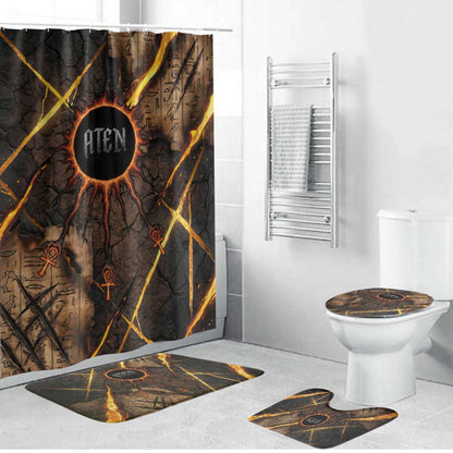Aten Bathroom Set Ancient Egyptian Cracked Stone Hieroglyph, Solar Eclipse Emblem, and Radiant Sunburst - African Pride