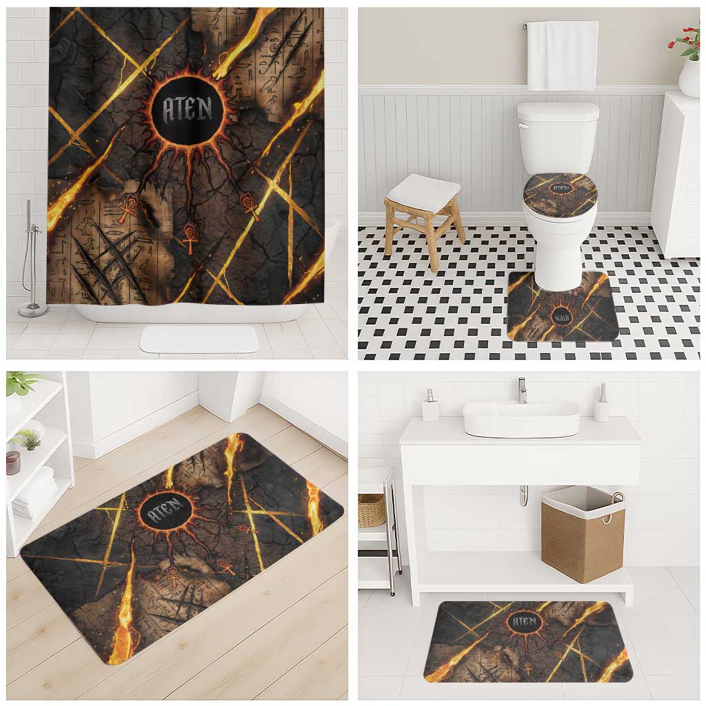 Aten Bathroom Set Ancient Egyptian Cracked Stone Hieroglyph, Solar Eclipse Emblem, and Radiant Sunburst - African Pride