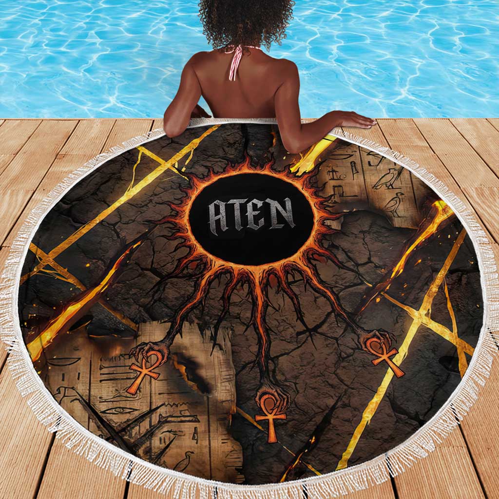 Aten Beach Blanket Ancient Egyptian Cracked Stone Hieroglyph, Solar Eclipse Emblem, and Radiant Sunburst - African Pride