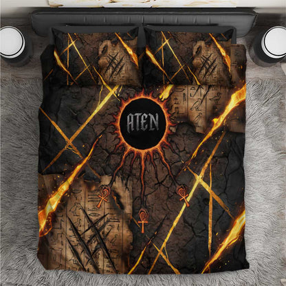 Aten Bedding Set Ancient Egyptian Cracked Stone Hieroglyph, Solar Eclipse Emblem, and Radiant Sunburst - African Pride