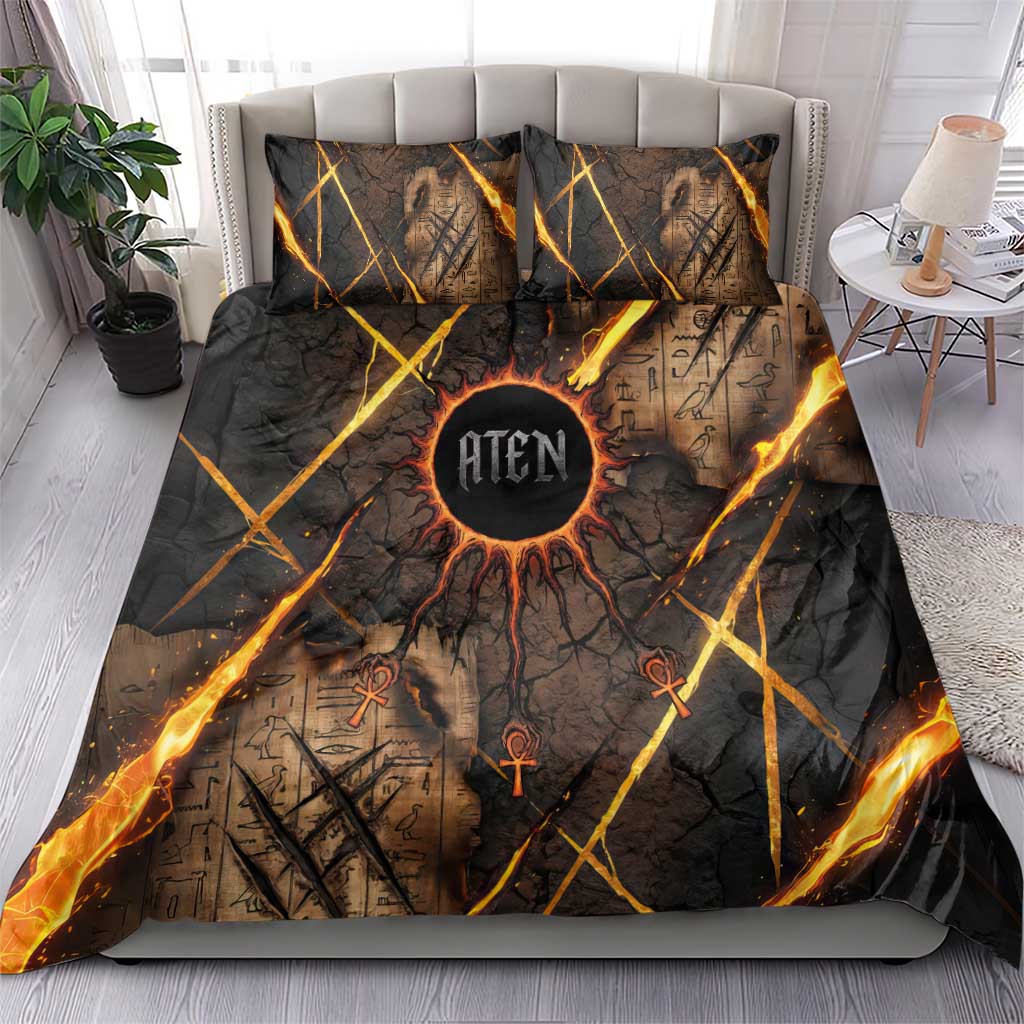Aten Bedding Set Ancient Egyptian Cracked Stone Hieroglyph, Solar Eclipse Emblem, and Radiant Sunburst - African Pride