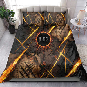 Aten Bedding Set Ancient Egyptian Cracked Stone Hieroglyph, Solar Eclipse Emblem, and Radiant Sunburst - African Pride