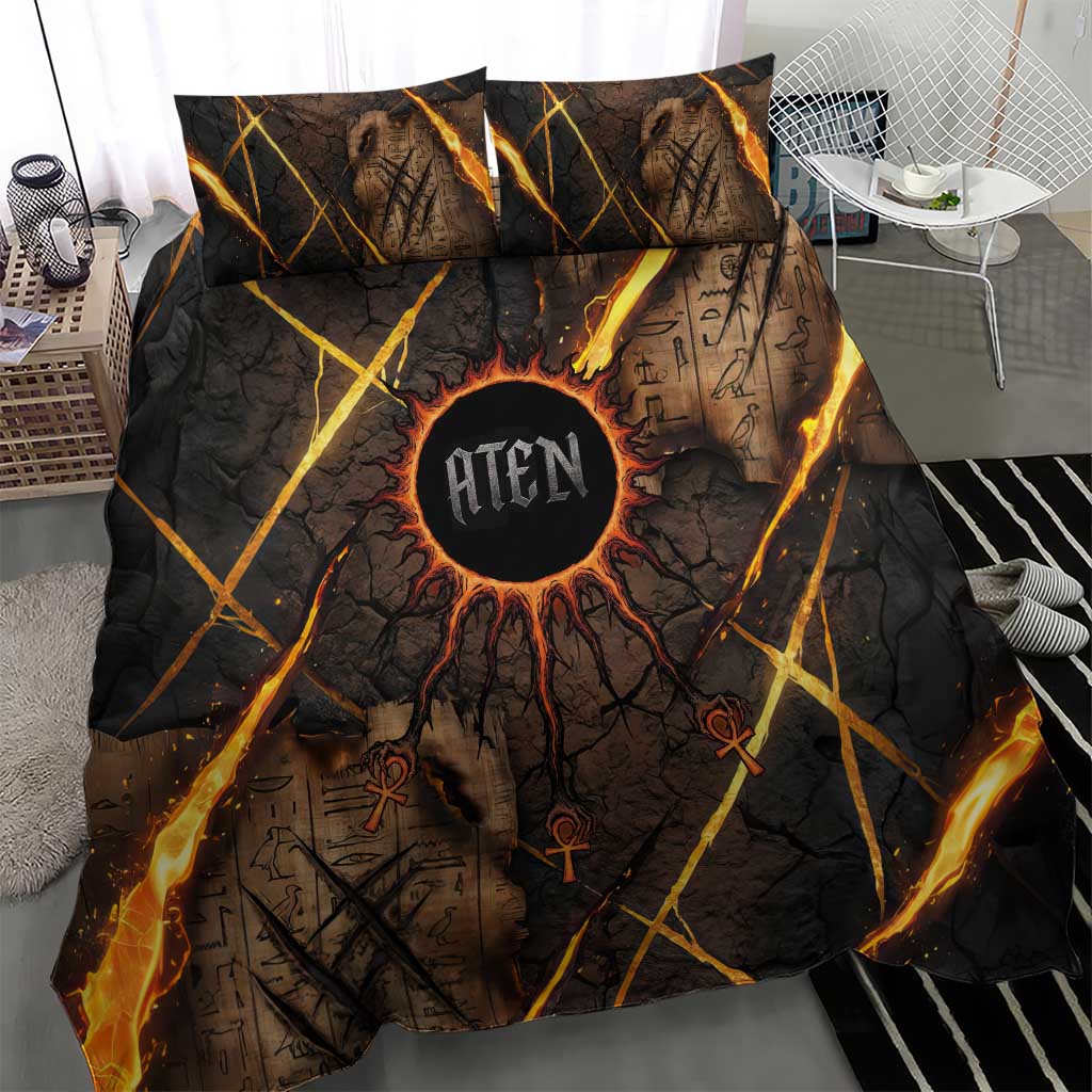 Aten Bedding Set Ancient Egyptian Cracked Stone Hieroglyph, Solar Eclipse Emblem, and Radiant Sunburst - African Pride