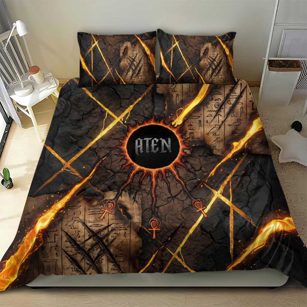 Aten Bedding Set Ancient Egyptian Cracked Stone Hieroglyph, Solar Eclipse Emblem, and Radiant Sunburst - African Pride