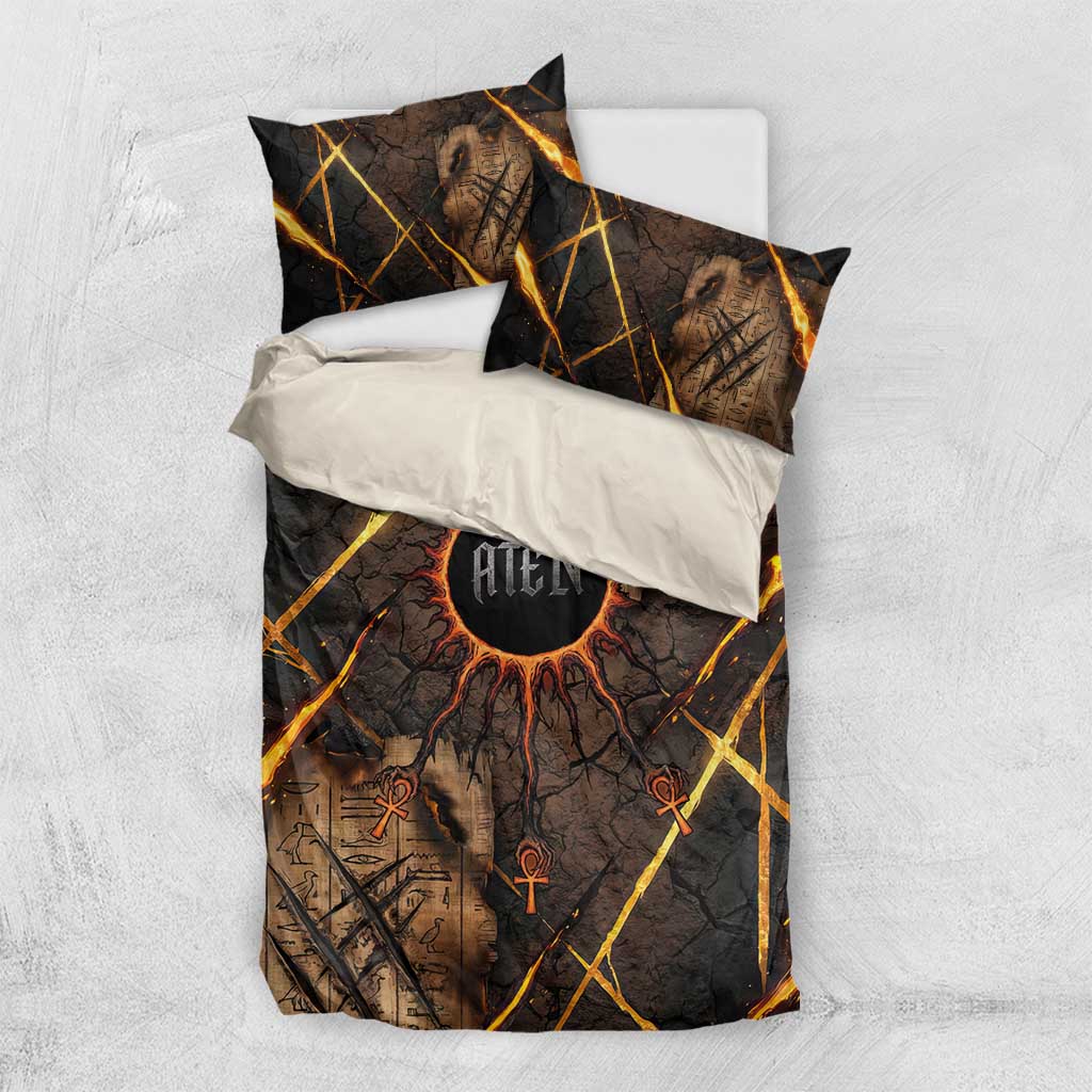 Aten Bedding Set Ancient Egyptian Cracked Stone Hieroglyph, Solar Eclipse Emblem, and Radiant Sunburst - African Pride