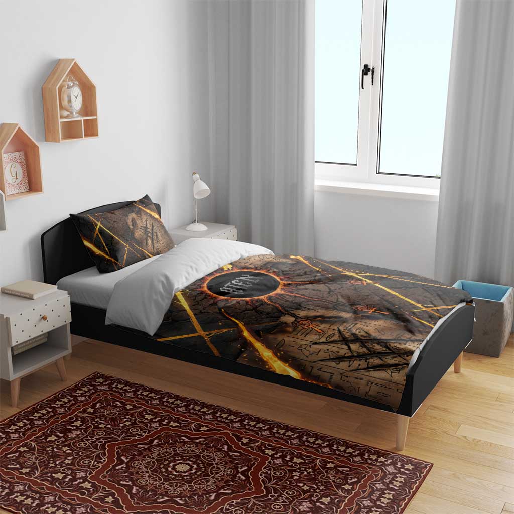 Aten Bedding Set Ancient Egyptian Cracked Stone Hieroglyph, Solar Eclipse Emblem, and Radiant Sunburst - African Pride