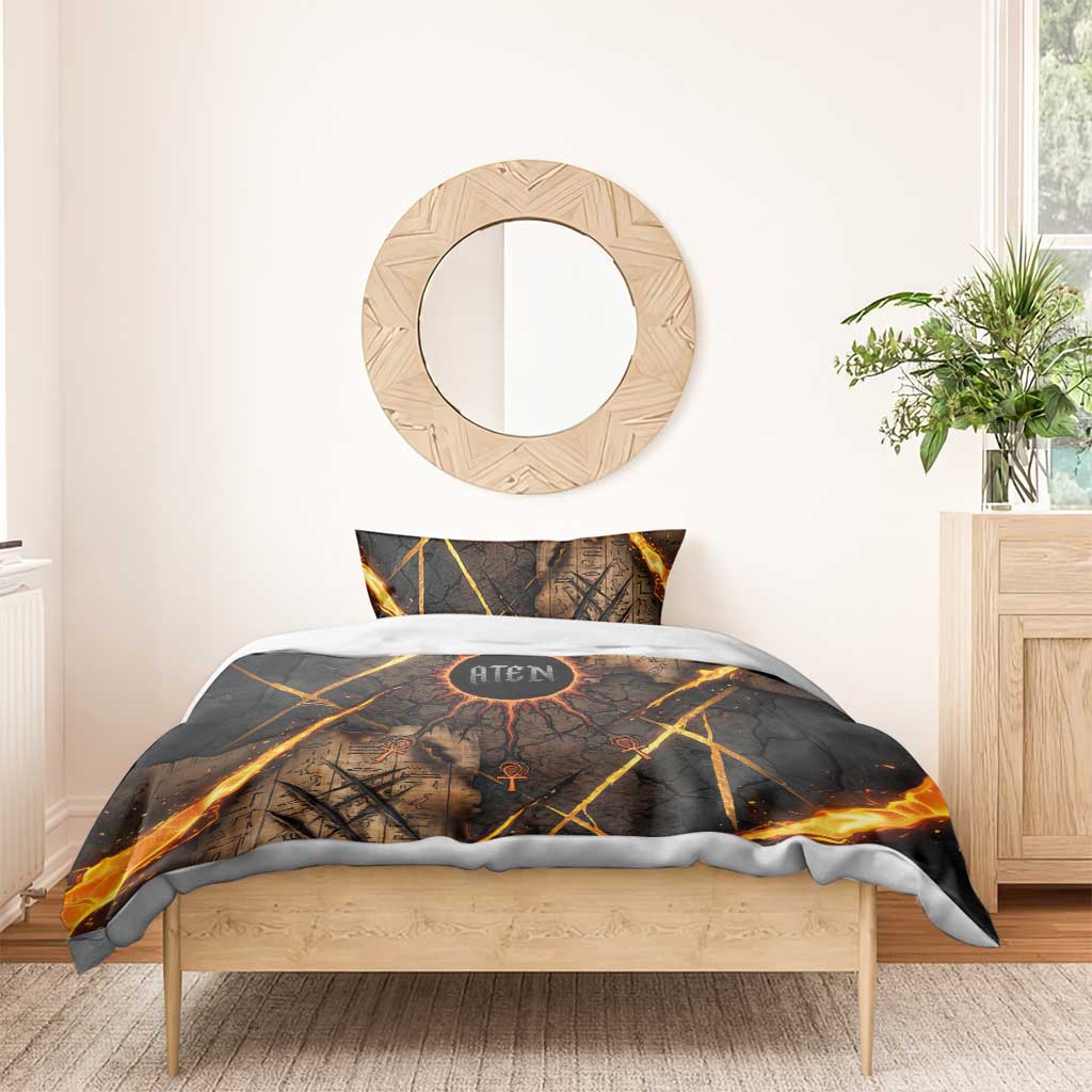 Aten Bedding Set Ancient Egyptian Cracked Stone Hieroglyph, Solar Eclipse Emblem, and Radiant Sunburst - African Pride