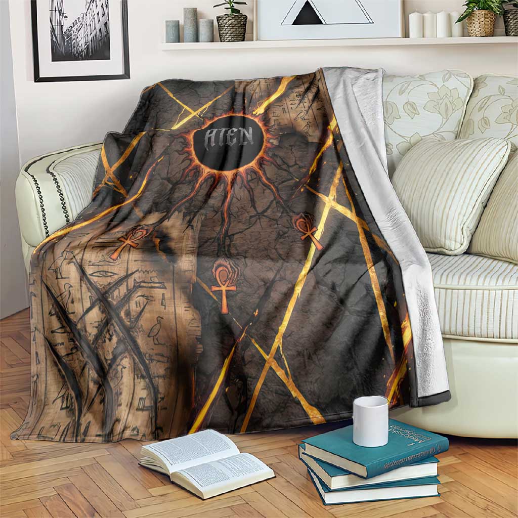 Aten Blanket Ancient Egyptian Cracked Stone Hieroglyph, Solar Eclipse Emblem, and Radiant Sunburst - African Pride