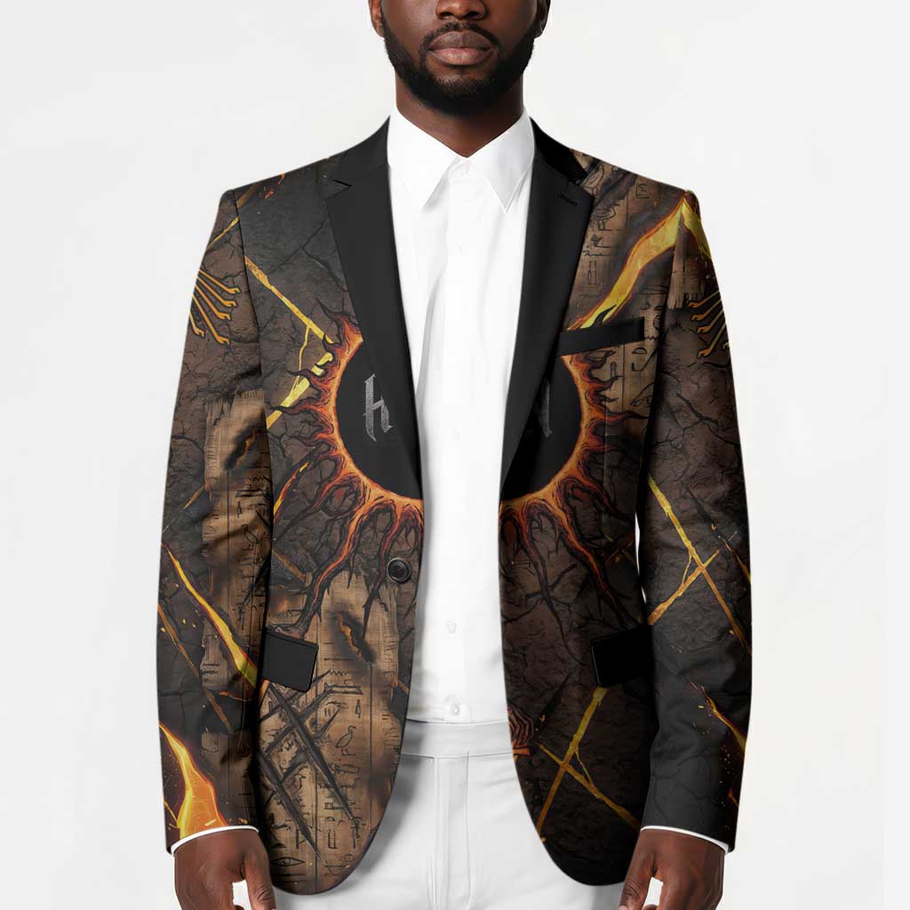 Aten Blazer Ancient Egyptian Cracked Stone Hieroglyph, Solar Eclipse Emblem, and Radiant Sunburst - African Pride