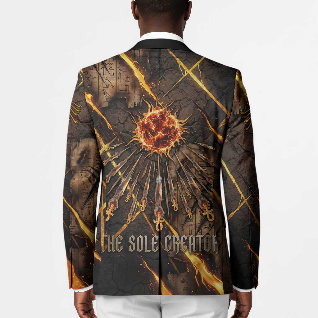 Aten Blazer Ancient Egyptian Cracked Stone Hieroglyph, Solar Eclipse Emblem, and Radiant Sunburst - African Pride