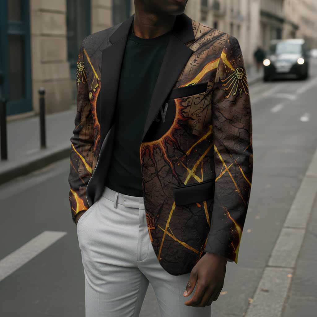 Aten Blazer Ancient Egyptian Cracked Stone Hieroglyph, Solar Eclipse Emblem, and Radiant Sunburst - African Pride