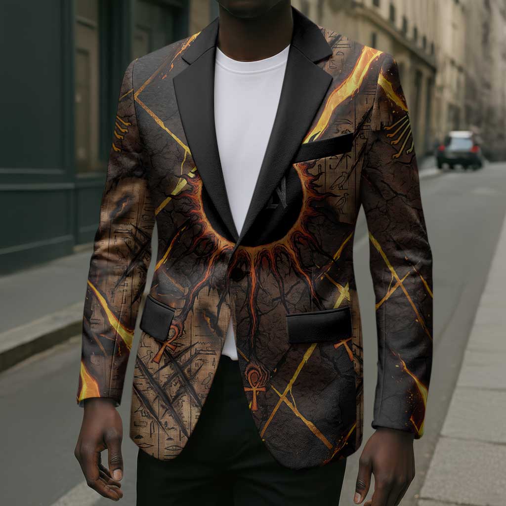 Aten Blazer Ancient Egyptian Cracked Stone Hieroglyph, Solar Eclipse Emblem, and Radiant Sunburst - African Pride