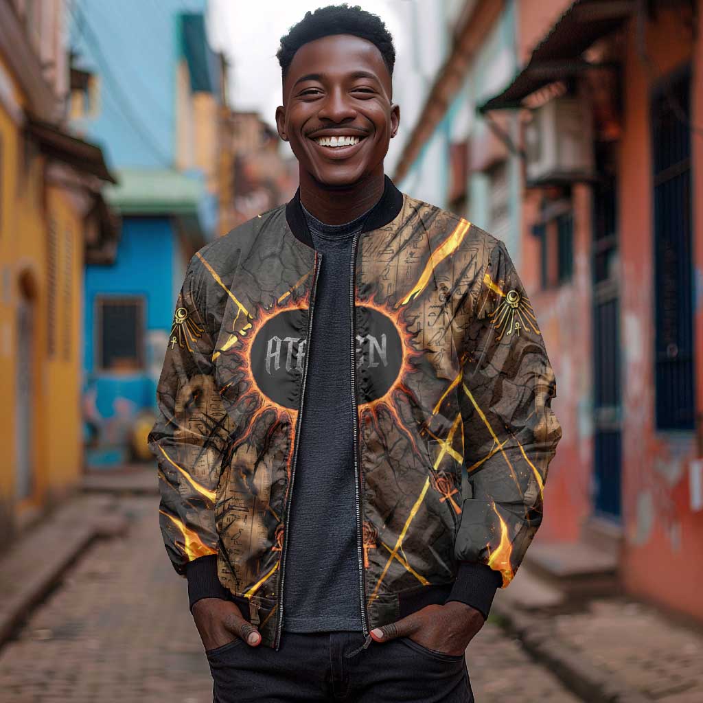 Aten Bomber Jacket Ancient Egyptian Cracked Stone Hieroglyph, Solar Eclipse Emblem, and Radiant Sunburst - African Pride