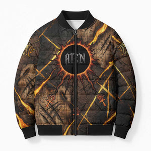 Aten Bomber Puffer Jacket Ancient Egyptian Cracked Stone Hieroglyph, Solar Eclipse Emblem, and Radiant Sunburst - African Pride