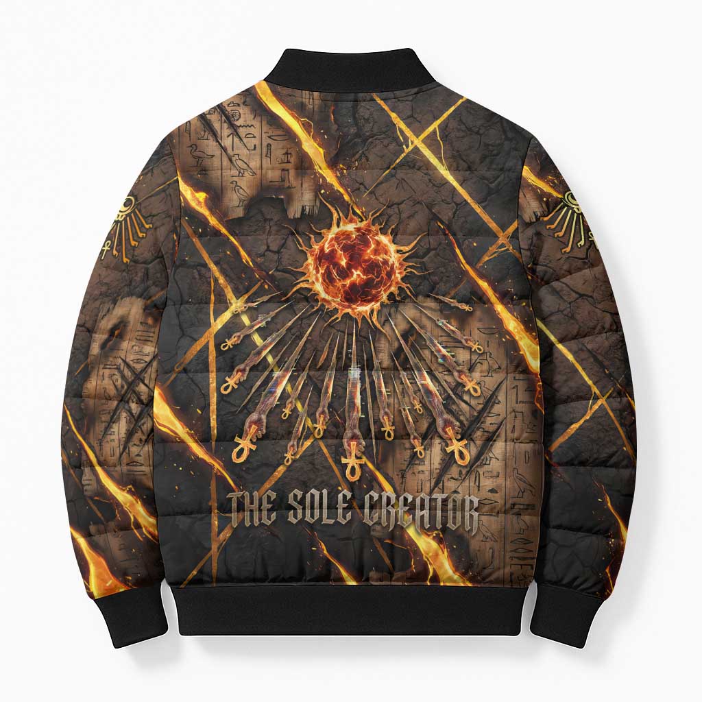 Aten Bomber Puffer Jacket Ancient Egyptian Cracked Stone Hieroglyph, Solar Eclipse Emblem, and Radiant Sunburst - African Pride