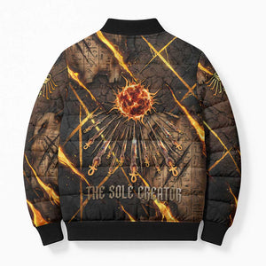 Aten Bomber Puffer Jacket Ancient Egyptian Cracked Stone Hieroglyph, Solar Eclipse Emblem, and Radiant Sunburst - African Pride