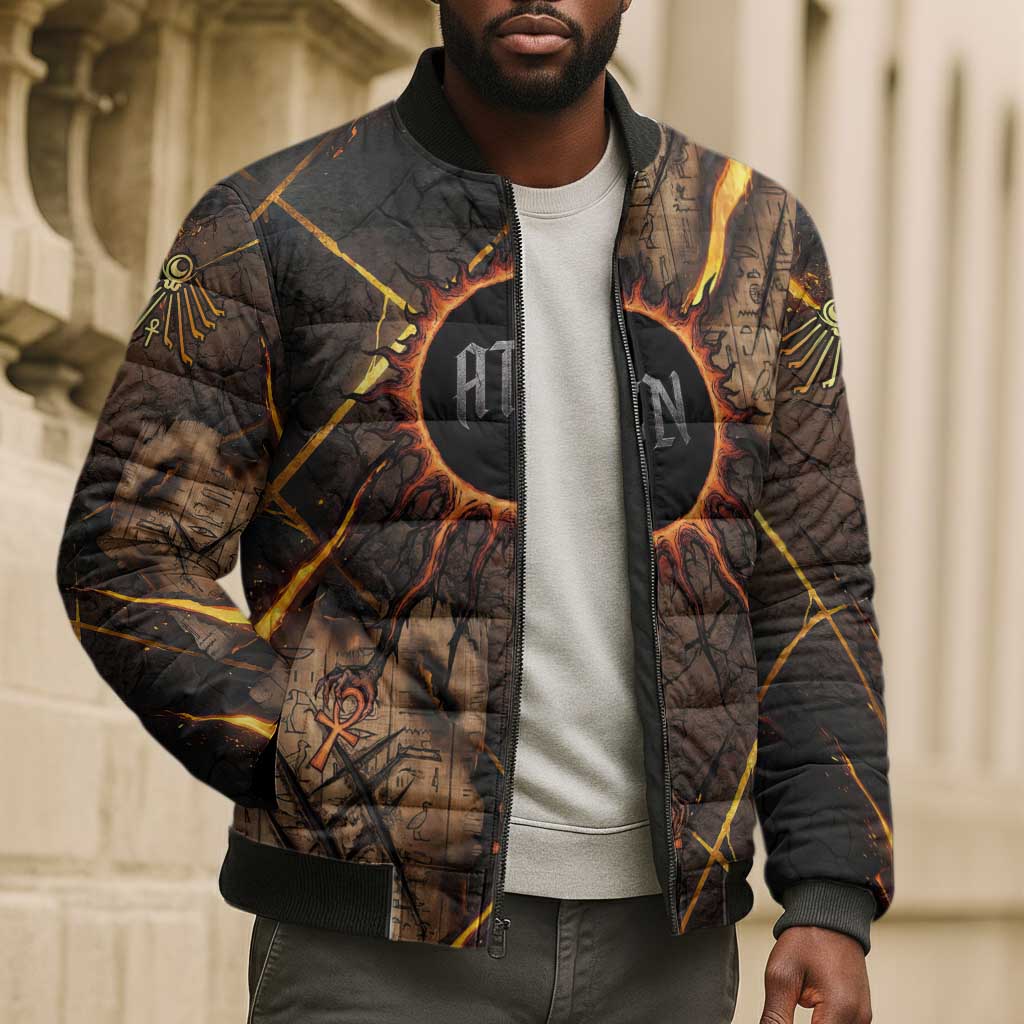 Aten Bomber Puffer Jacket Ancient Egyptian Cracked Stone Hieroglyph, Solar Eclipse Emblem, and Radiant Sunburst - African Pride