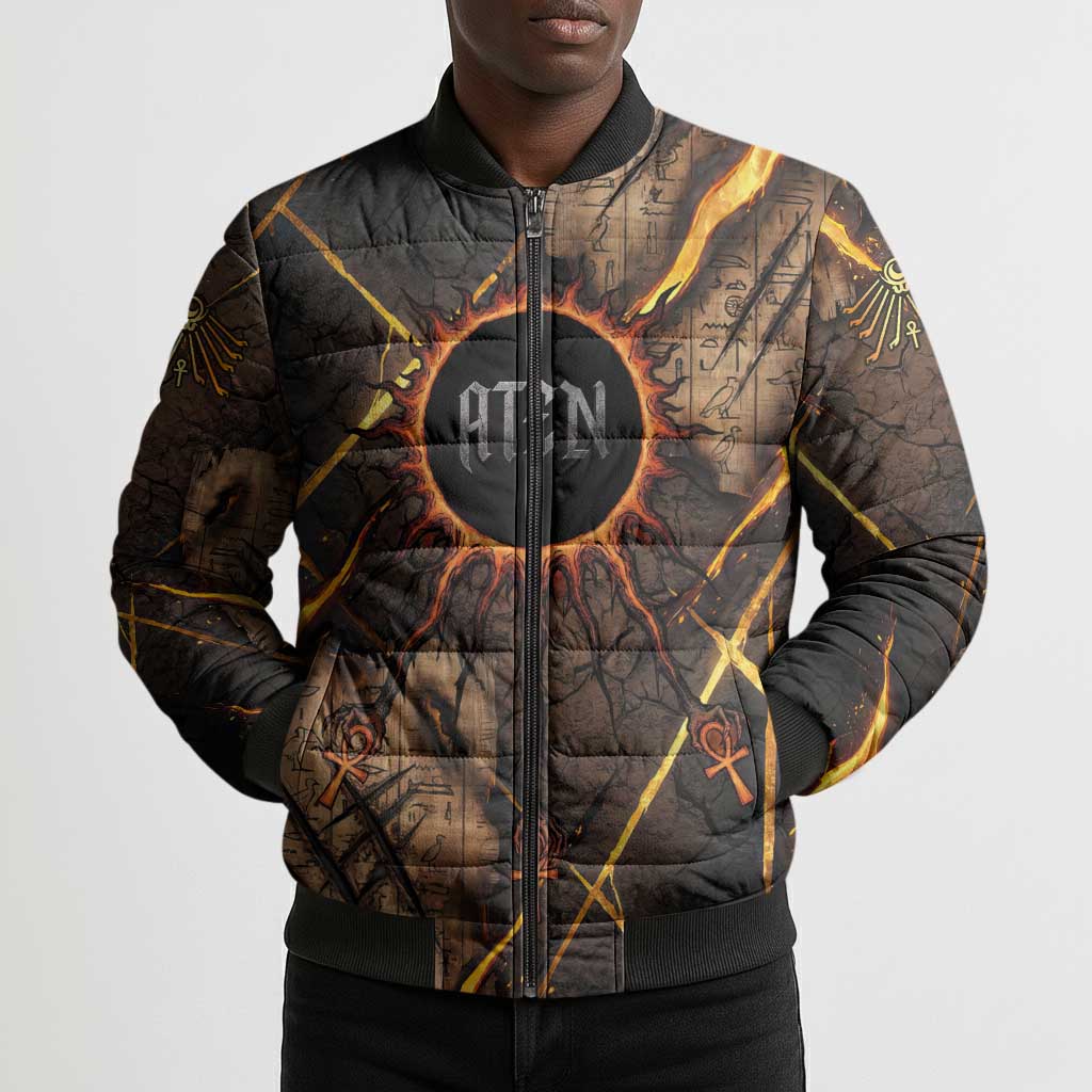 Aten Bomber Puffer Jacket Ancient Egyptian Cracked Stone Hieroglyph, Solar Eclipse Emblem, and Radiant Sunburst - African Pride