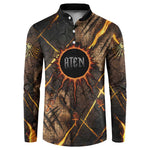 Aten Button Sweatshirt Ancient Egyptian Cracked Stone Hieroglyph, Solar Eclipse Emblem, and Radiant Sunburst