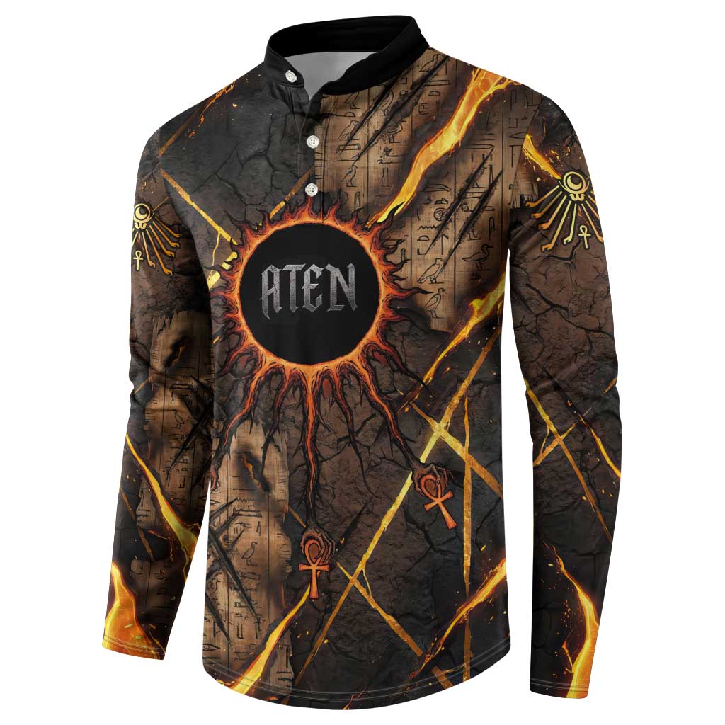 Aten Button Sweatshirt Ancient Egyptian Cracked Stone Hieroglyph, Solar Eclipse Emblem, and Radiant Sunburst