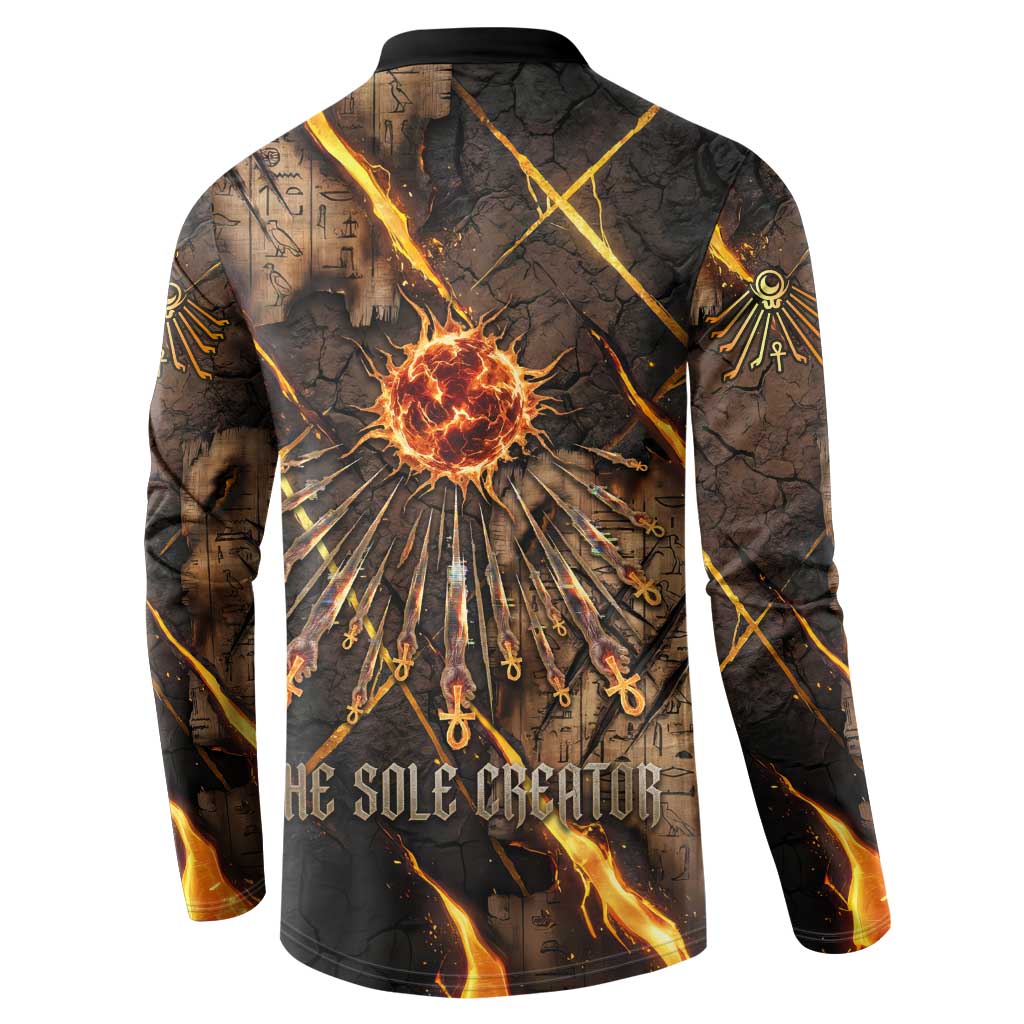 Aten Button Sweatshirt Ancient Egyptian Cracked Stone Hieroglyph, Solar Eclipse Emblem, and Radiant Sunburst