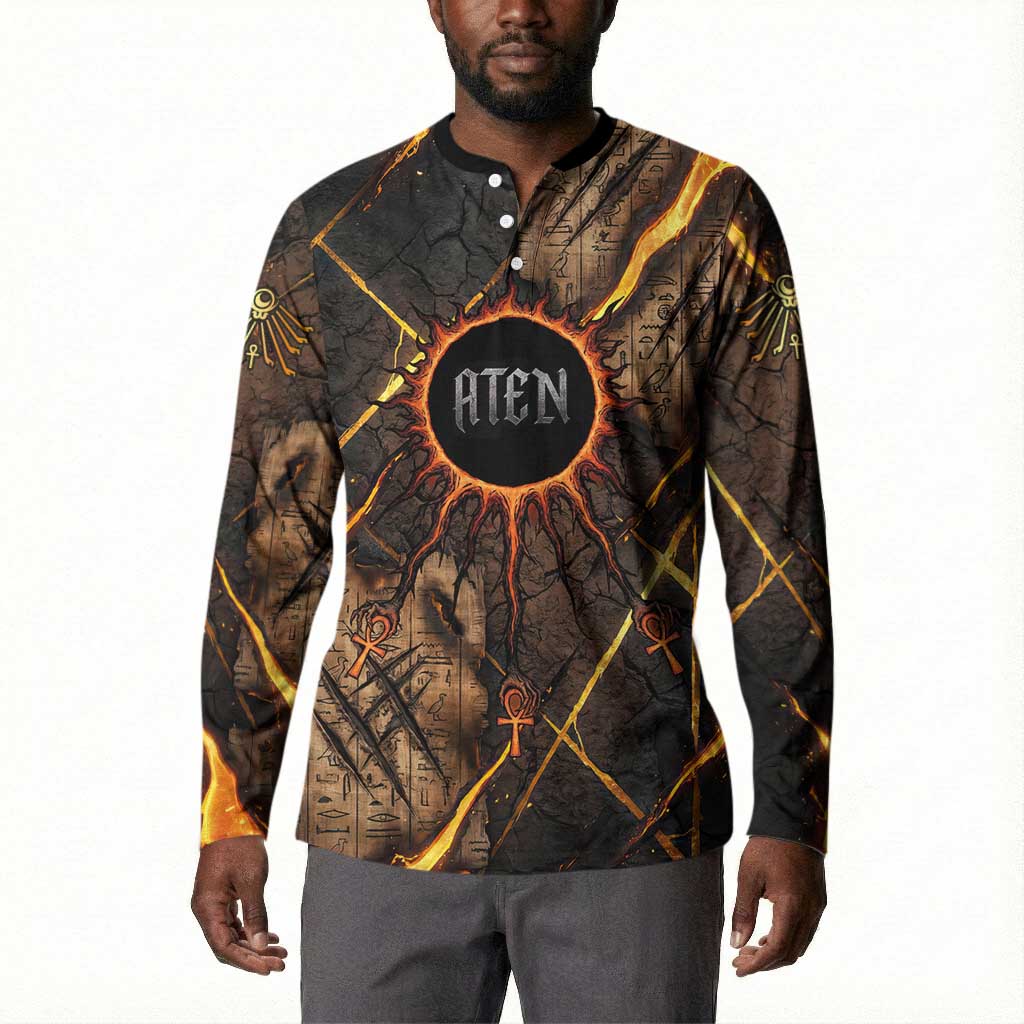 Aten Button Sweatshirt Ancient Egyptian Cracked Stone Hieroglyph, Solar Eclipse Emblem, and Radiant Sunburst