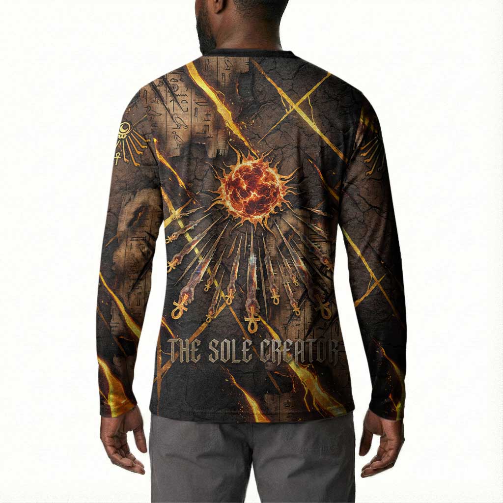 Aten Button Sweatshirt Ancient Egyptian Cracked Stone Hieroglyph, Solar Eclipse Emblem, and Radiant Sunburst