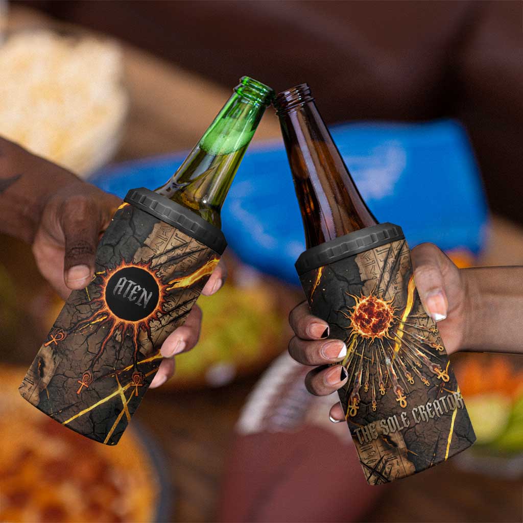 Aten 4 in 1 Can Cooler Tumbler Ancient Egyptian Cracked Stone Hieroglyph, Solar Eclipse Emblem, and Radiant Sunburst - African Pride