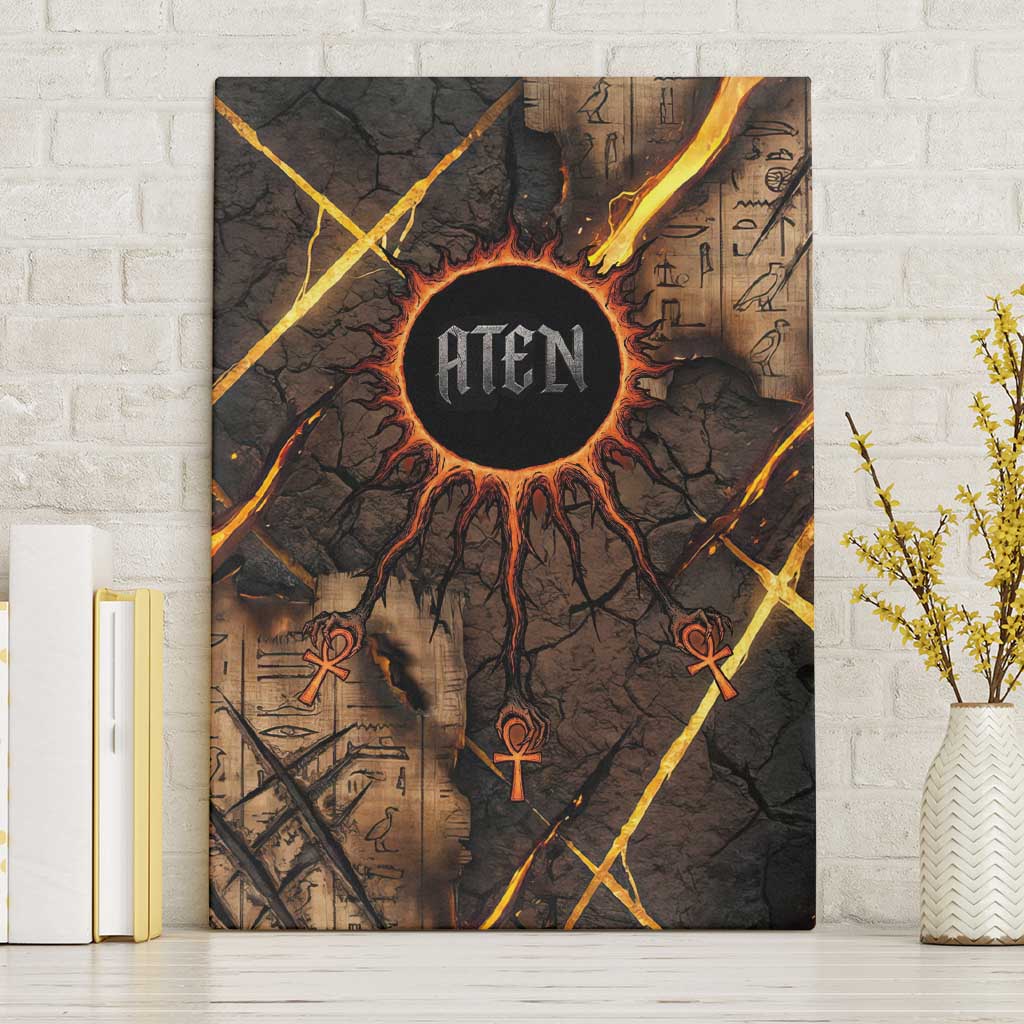 Aten Canvas Wall Art Ancient Egyptian Cracked Stone Hieroglyph, Solar Eclipse Emblem, and Radiant Sunburst - African Pride