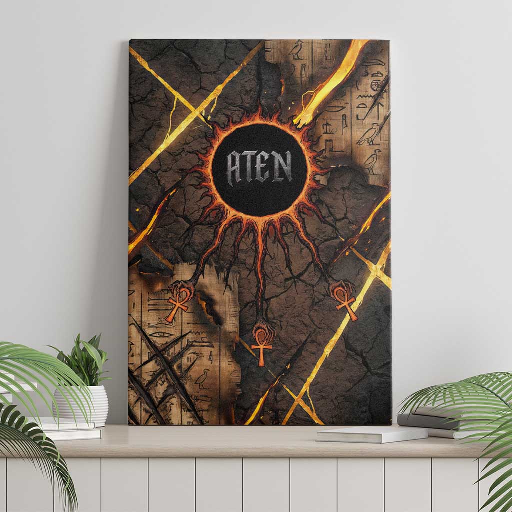 Aten Canvas Wall Art Ancient Egyptian Cracked Stone Hieroglyph, Solar Eclipse Emblem, and Radiant Sunburst - African Pride