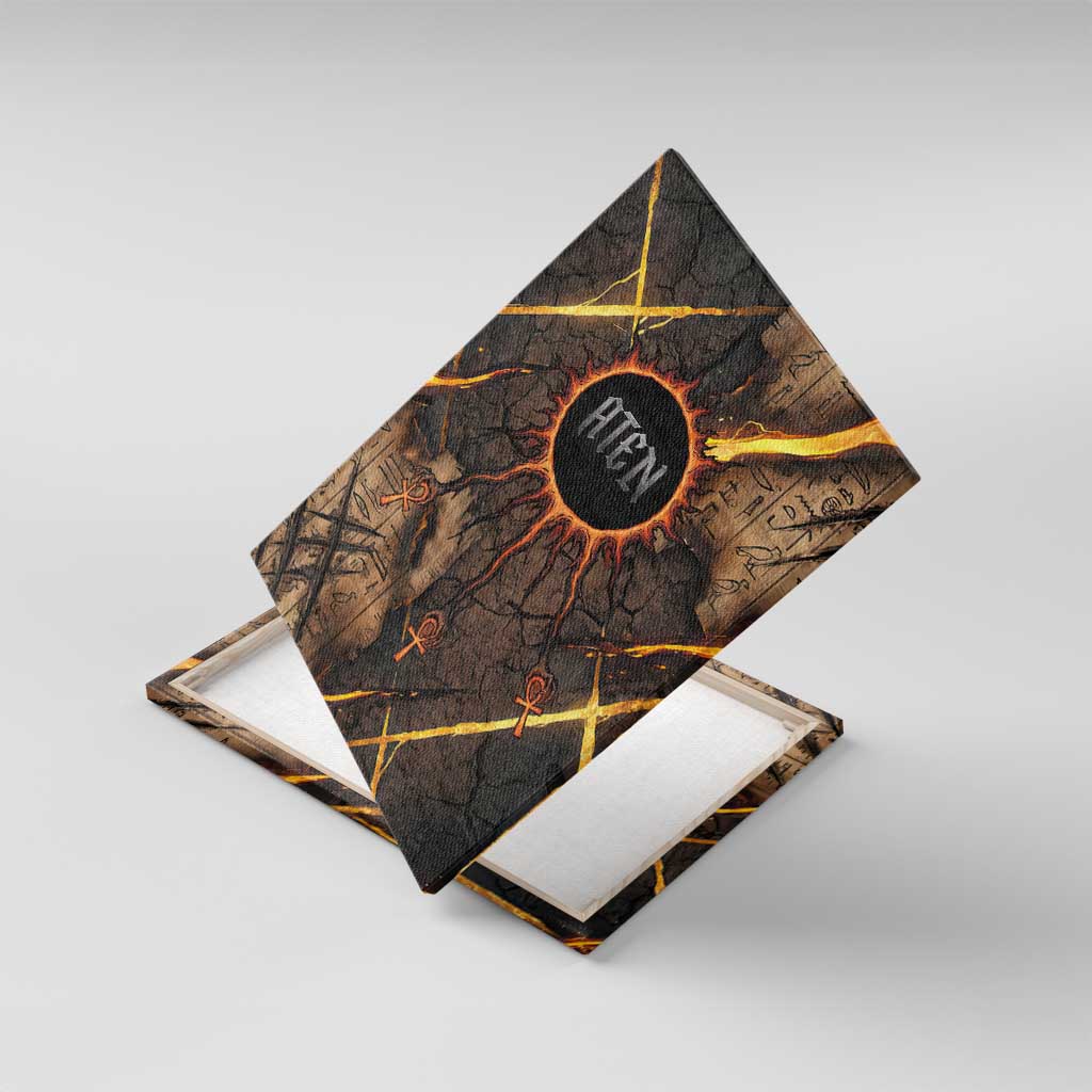 Aten Canvas Wall Art Ancient Egyptian Cracked Stone Hieroglyph, Solar Eclipse Emblem, and Radiant Sunburst - African Pride