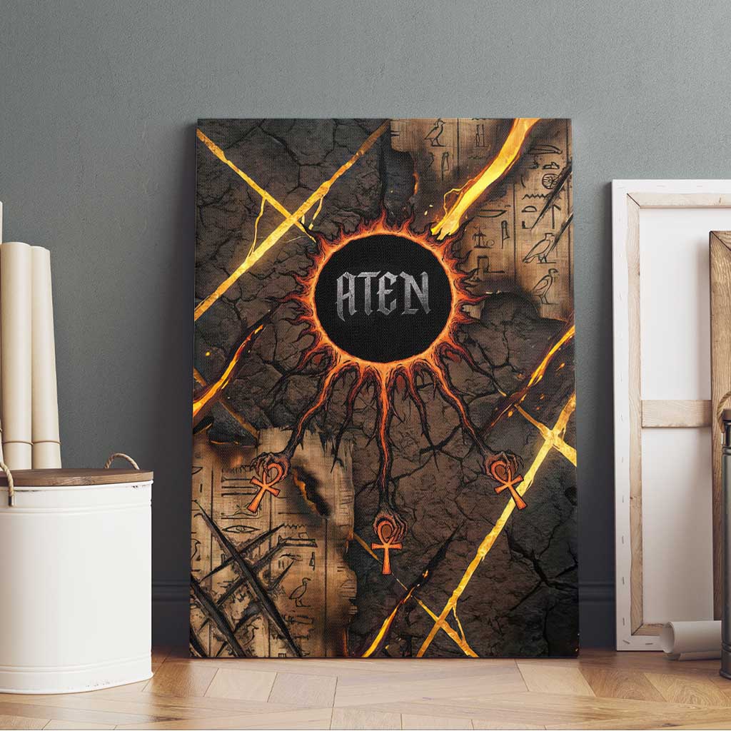 Aten Canvas Wall Art Ancient Egyptian Cracked Stone Hieroglyph, Solar Eclipse Emblem, and Radiant Sunburst - African Pride
