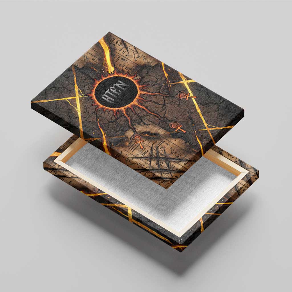 Aten Canvas Wall Art Ancient Egyptian Cracked Stone Hieroglyph, Solar Eclipse Emblem, and Radiant Sunburst - African Pride