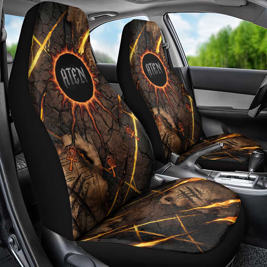 Aten Car Seat Cover Ancient Egyptian Cracked Stone Hieroglyph, Solar Eclipse Emblem, and Radiant Sunburst - African Pride