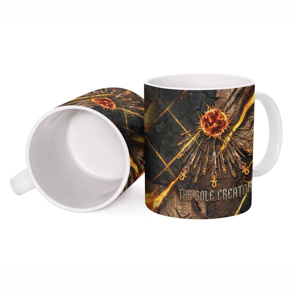 Aten Ceramic Mug Ancient Egyptian Cracked Stone Hieroglyph, Solar Eclipse Emblem, and Radiant Sunburst - African Pride